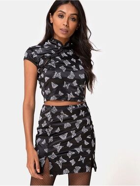 Motel Rocks Black Mini Skirt with White Butterfly Print